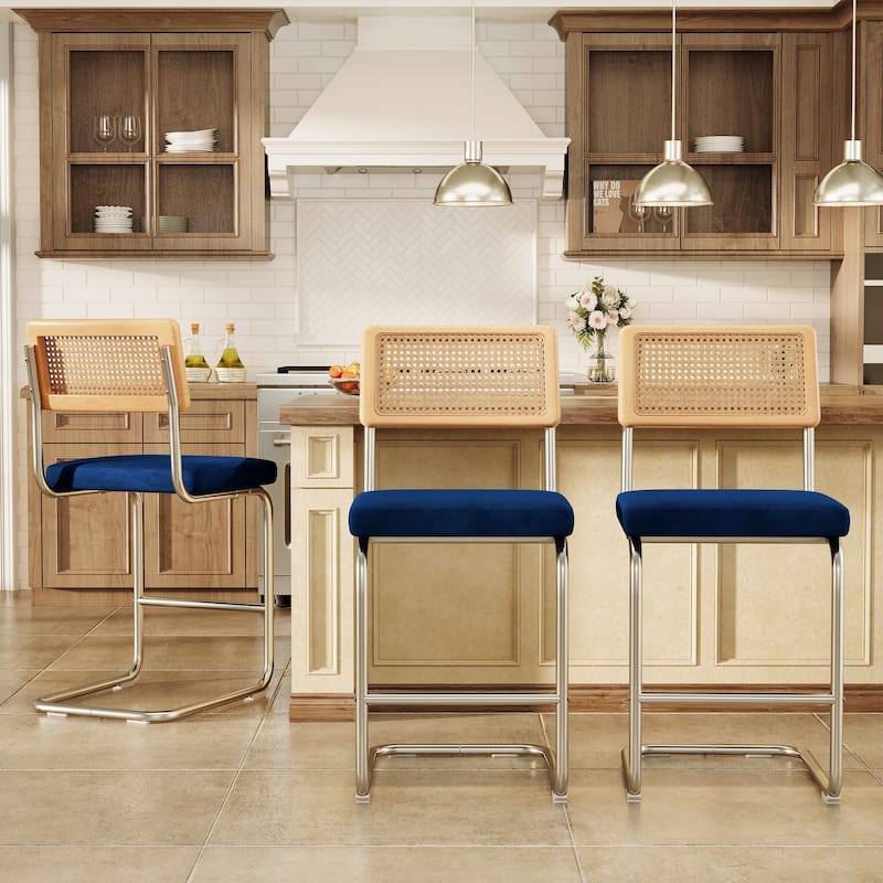 26" Counter Height Bar Stool with Velvet Upholstered Seat and Woven Rattan-Style Back - 26" H - Navy Velvet