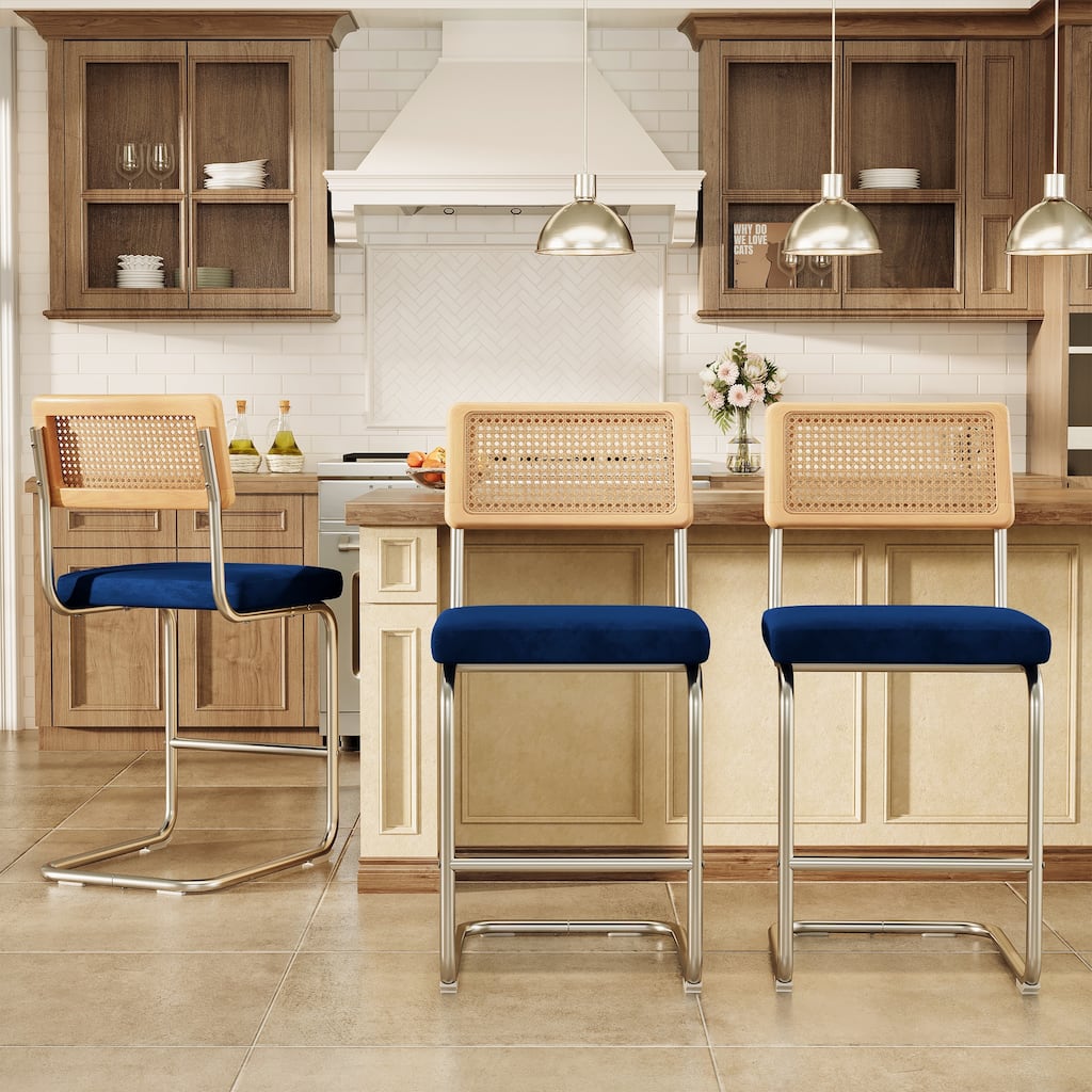 26" Counter Height Bar Stool with Velvet Upholstered Seat and Woven Rattan-Style Back - 26" H