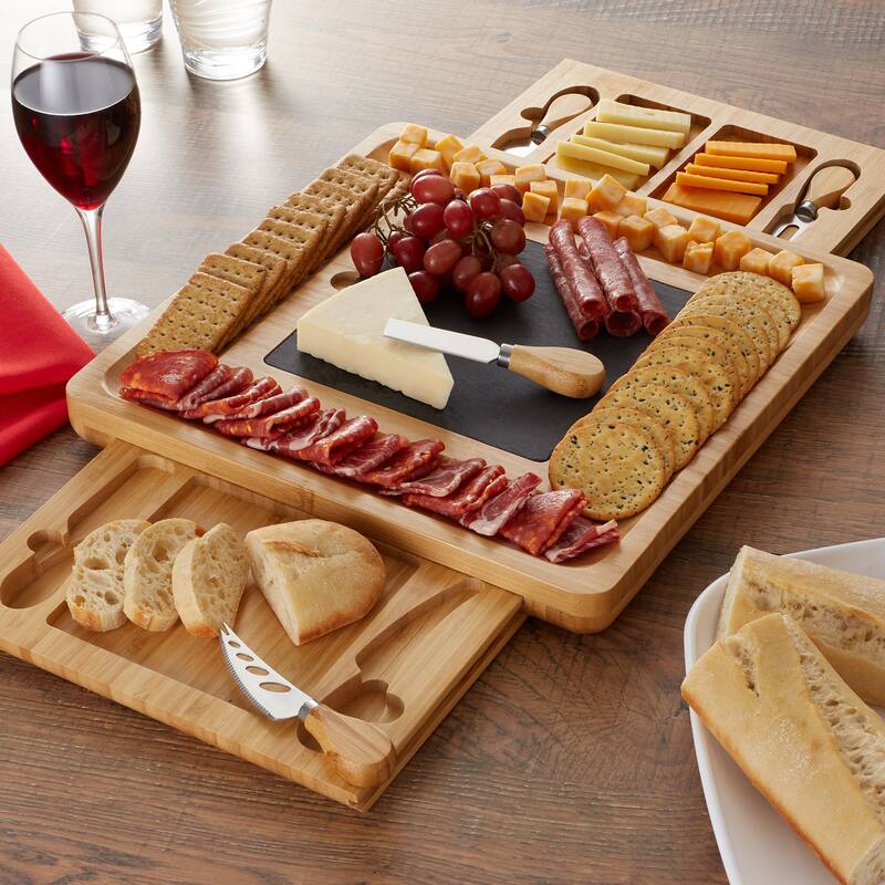 Bamboo Cheese Board and Knife Set with Slate Center - Large