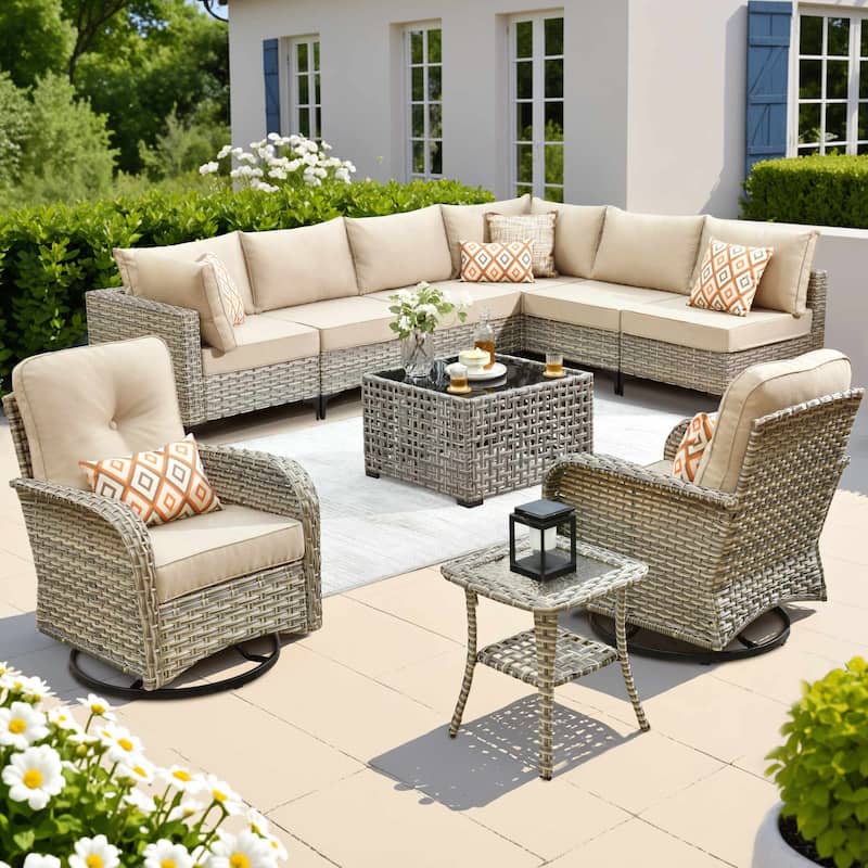 OVIOS 10 Pieces Outdoor Wicker Swivel Chair Set With Solar-Powered Coffee Table
