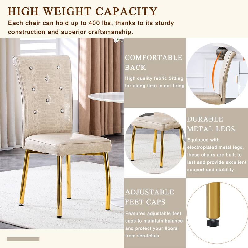 A set of 4 white and black vintage crocodile leather cushioned dining chairs, featuring crystal clasp design and leather