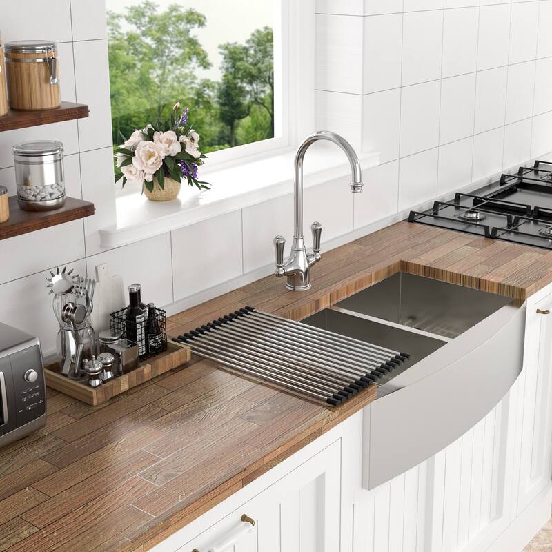 Farmhouse 16 Gauge Double Bowl Stainless Steel Kitchen Sink in Brushed Nickel - 36'' x 20'' x 9''
