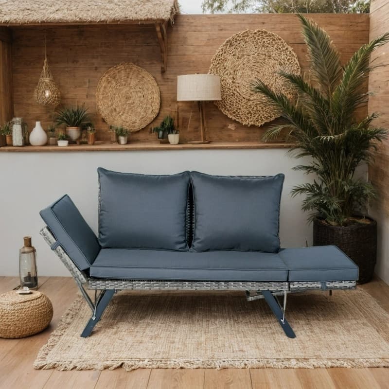 Patio Wicker Side Foldable Bench, Durable Outdoor Backyard Conversation Bench with Grey Wicker and Dark Grey Cushion - N/A