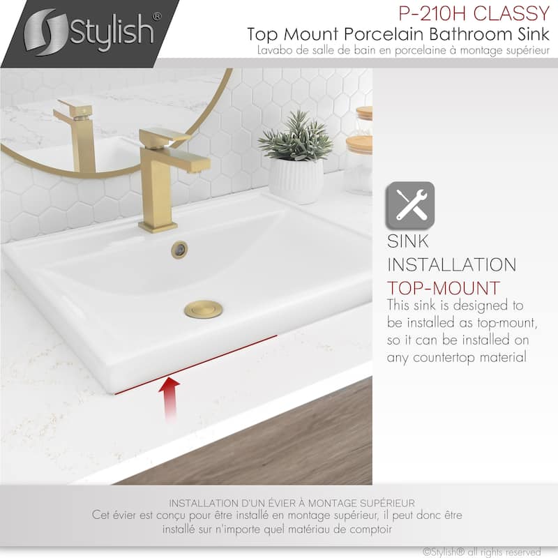 STYLISH 20 1/4 inch Rectangular Undermount Porcelain Bathroom Sink with two Overflow Finishes included - 20 1/4" x 16" x 6 1/4"