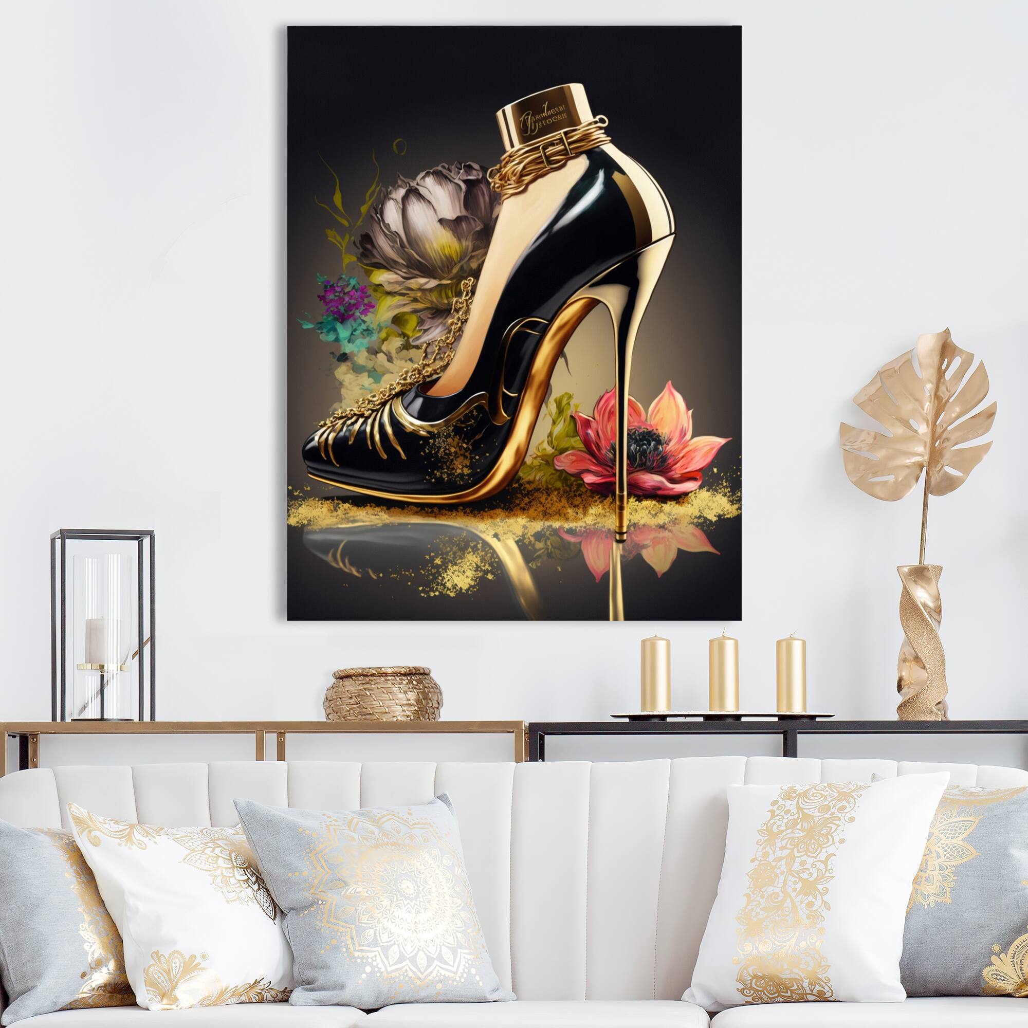 Designart 'Gold Floral High Heel Shoes I' Fashion Canvas Wall Art - On ...