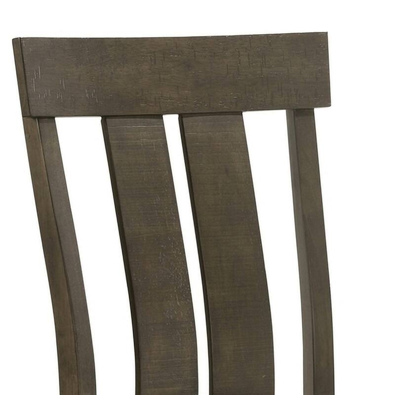 Set of 2 Dining Chairs, Brown Wood Slatted Back, Gray Fabric Seat