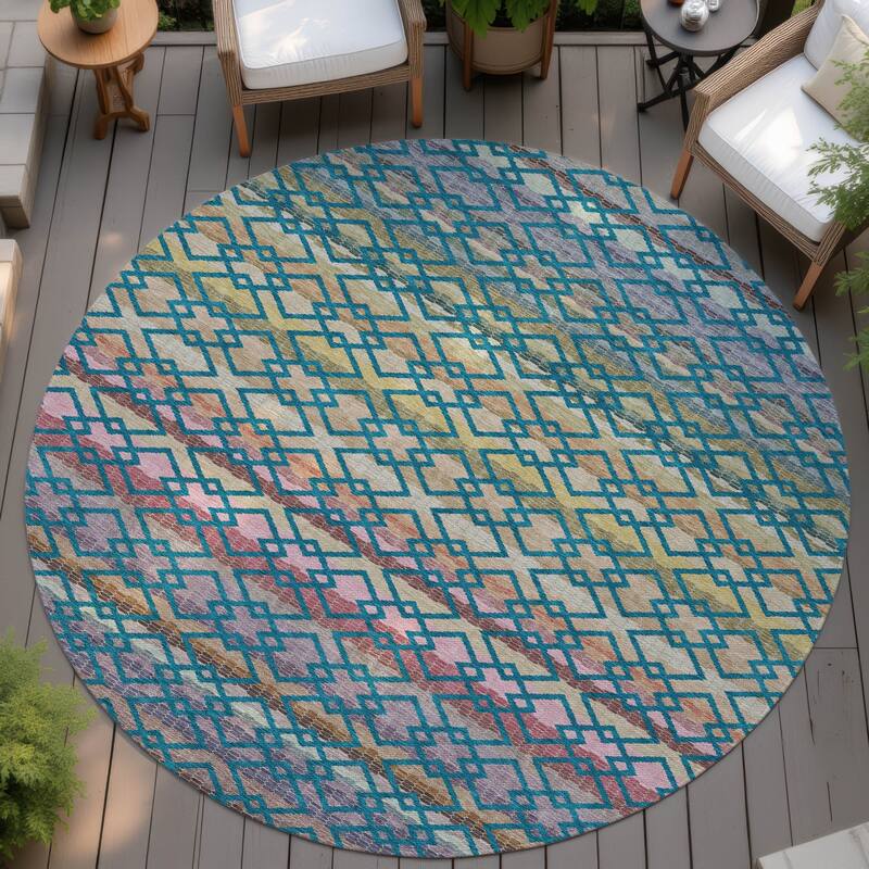 Machine Washable Indoor/ Outdoor Cabo Stripe Chantille Rug - Teal - 8' x 8'