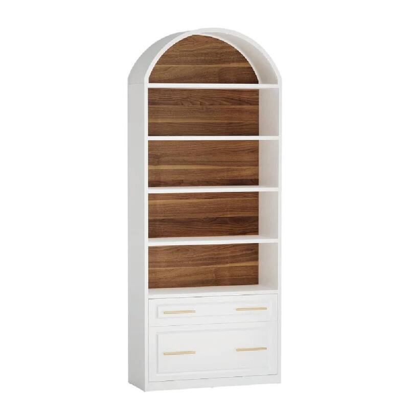 5-Tier Arched Bookshelf with Drawer & File Cabinet, Wood Storage Bookcase for Living Room or Home Office