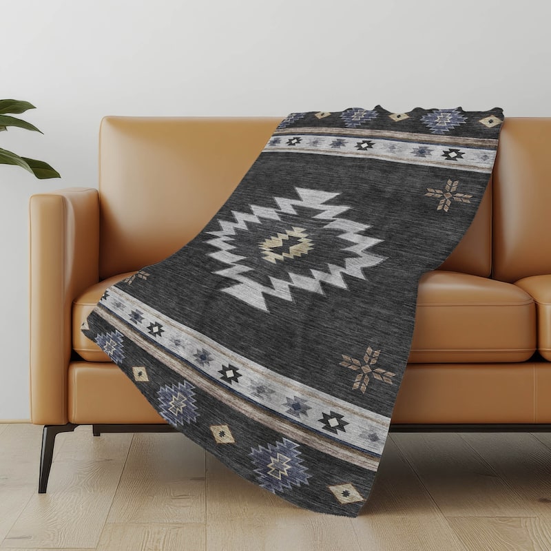 Premium Machine Washable ASB179 Southwest Sherpa Throw Blanket - Midnight - 4'2" x 5'10"