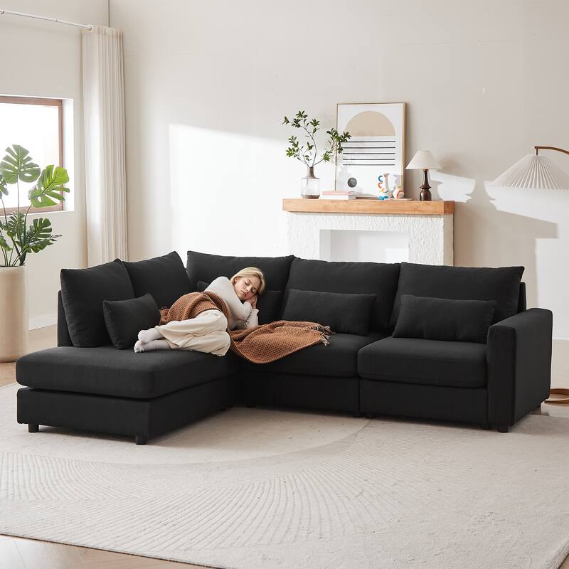 100.2" Linen L-Shaped Sectional Sofa with Ottoman & Lumbar Pillows