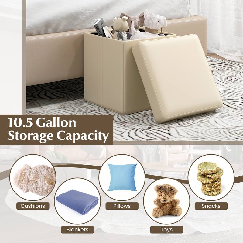 Gymax Folding Storage Ottoman Upholstered Square Footstool PVC Leather