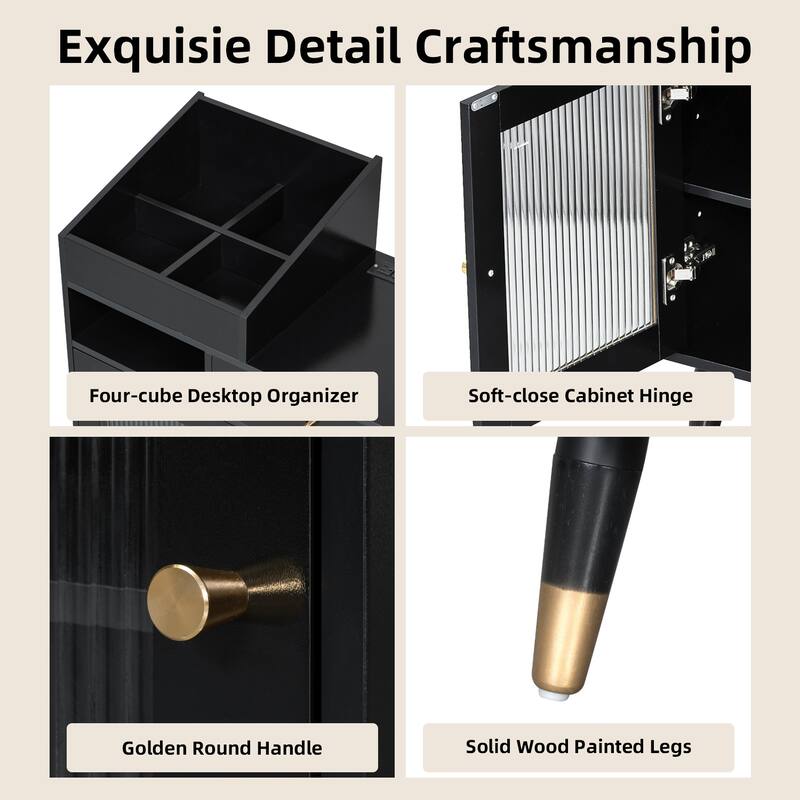 2-Piece Bedroom Set Includes Dressing Table & Upholstered Stool, Makeup Vanity Desk with Charging Station, Drawers & Cabinet