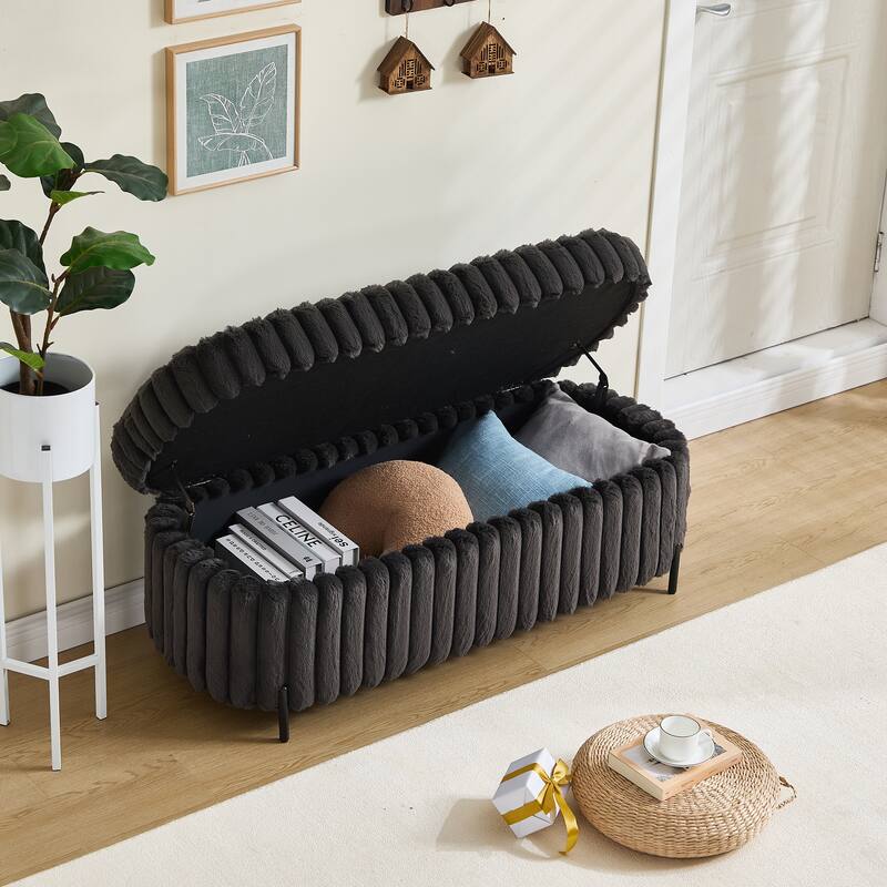 Faux Fur Upholstered End of Bed Bench, Large Flip Top Storage Bench, Curved Ottoman Bench with Adjustable Metal Legs
