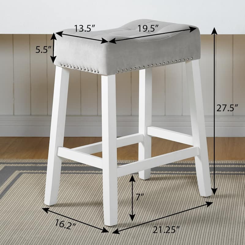Roundhill Furniture Morovo Set of 2 Velvet Counter Height Stools with Tufted Saddle Seats, White-Wash Finish