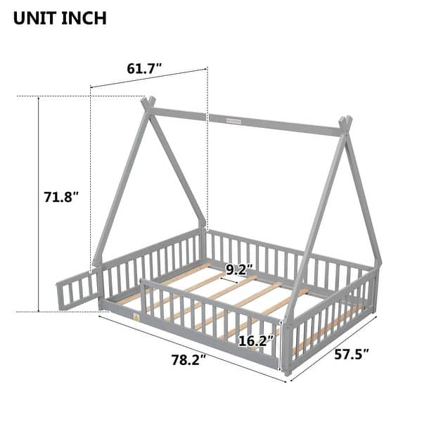 dimension image slide 2 of 6, Tent-shaped Floor Bed with Fence & Door,Wooden Montessori Bed for Kids