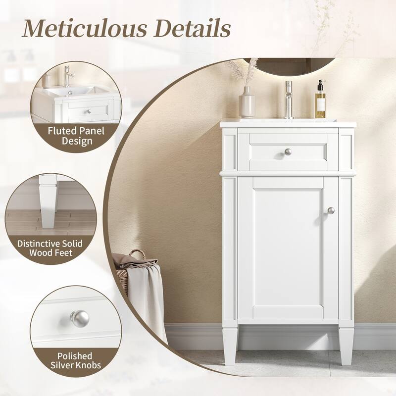 18" Freestanding Single Bathroom Vanity with Ceramic Sink, French Style Cabinet with Soft Close Door
