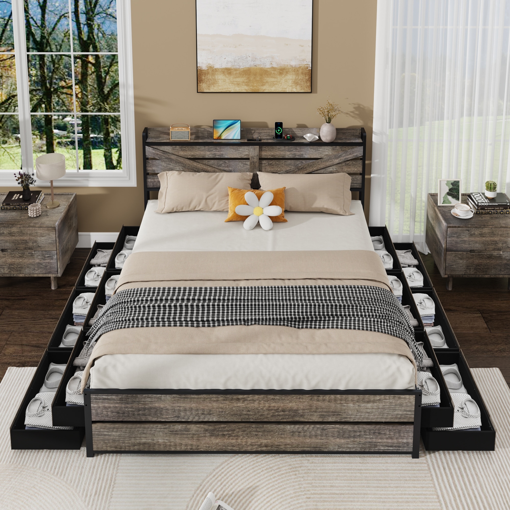 Oak Platform Bed Metal Bed Frame with 12 Storage Drawers, Headboard Charging Station, Noise-Free Metal Frame, Easy Assembly