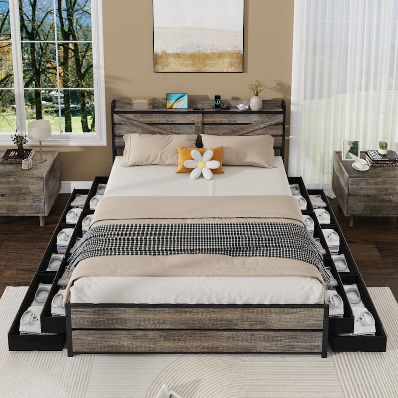 Retro Storage Bed with 12 Storage Drawers and Panel Headboard Built-in Charging Station, Metal Slats Support Platform Bed Frame