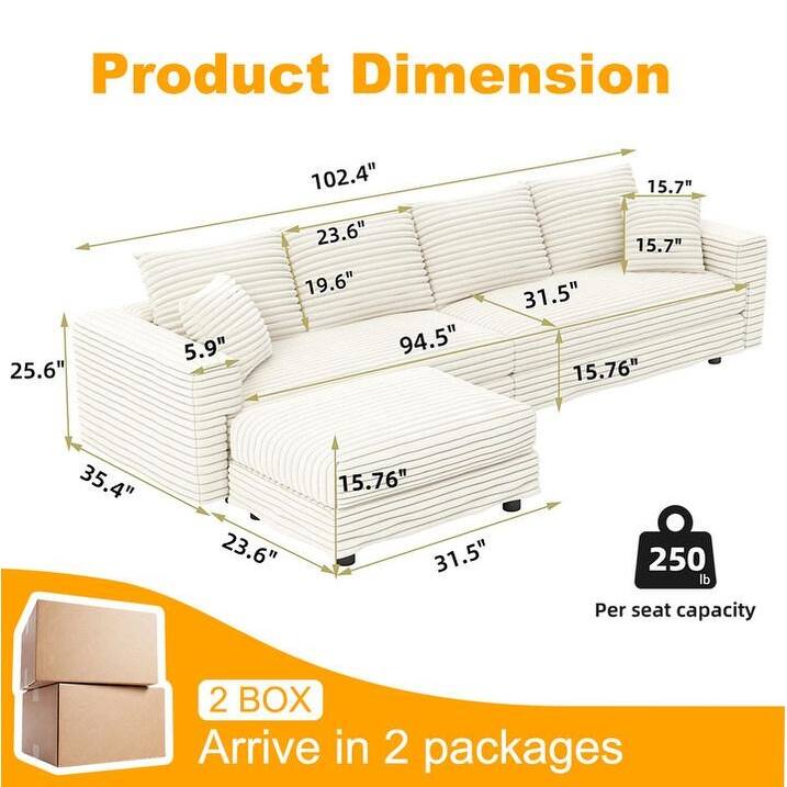 102.4 " Corduroy Modular Sofa, Modern Upholstered Sofa Cloud Couch, Deep Seat Couches w/ Pillows, Movable Ottoman for Apartment