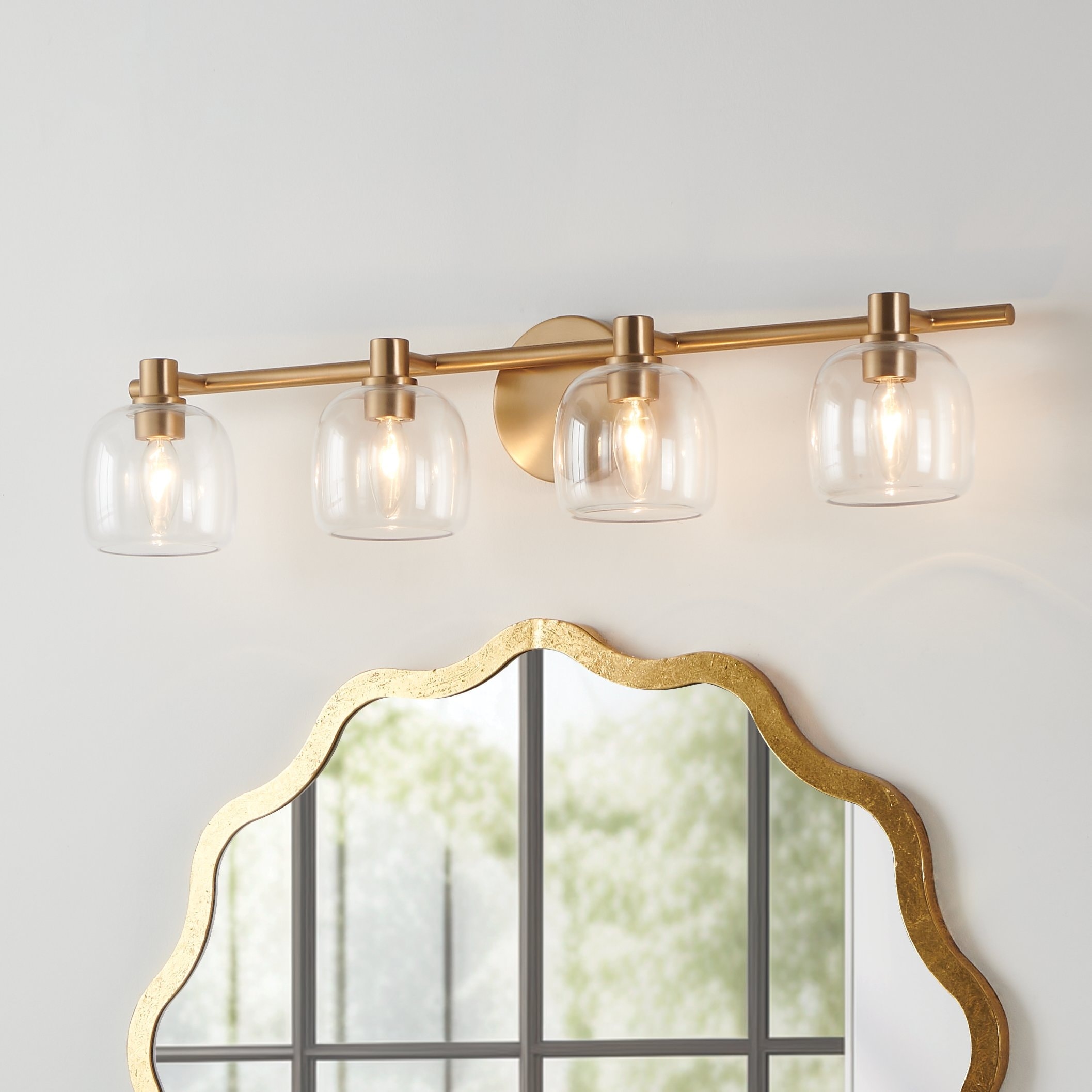 Thesis Valentina 30-inch 4-light Champagne Gold Vanity Light with Clear Glass Shades