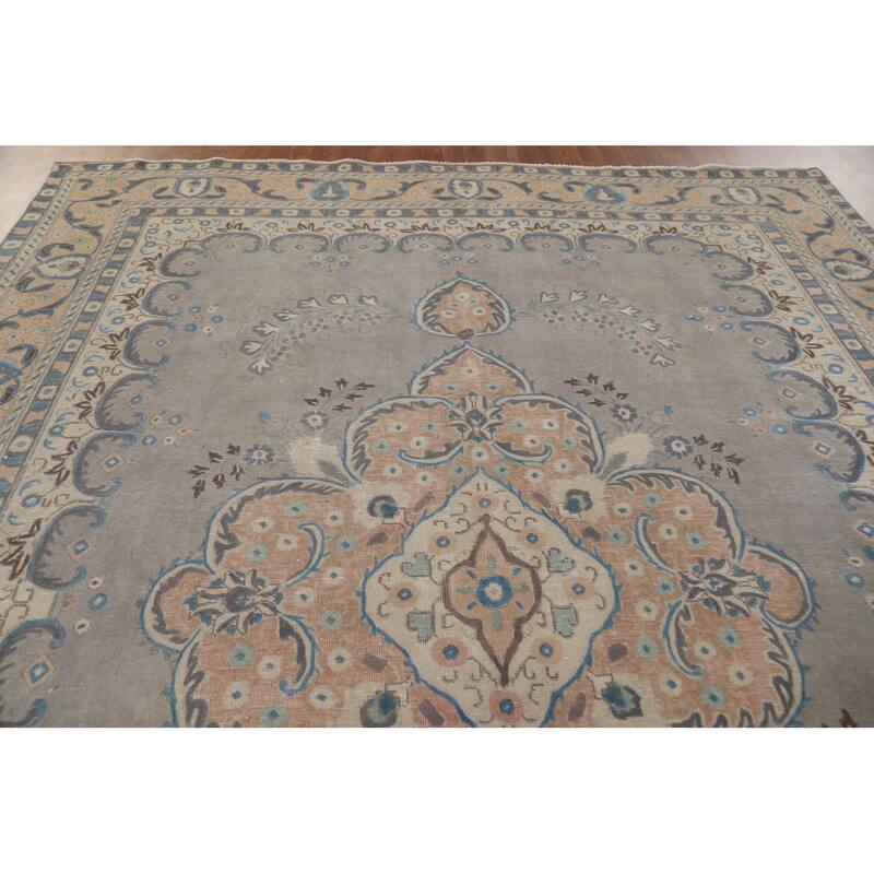Hand Knotted Oriental 100% Wool Carpet Traditional Floral Greys & Charcoal Tabriz Area Rug - 12' 6'' X 9' 4''