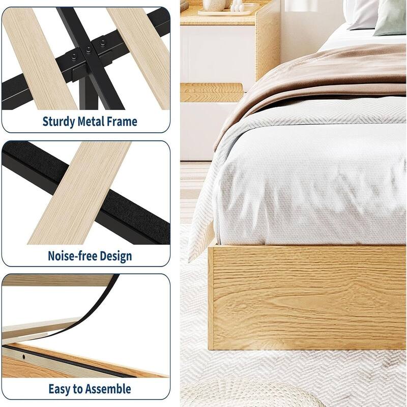Space-Saving Sturdy Floor-Standing Platform Bed Frame, No Box Spring Needed, Pine Wood