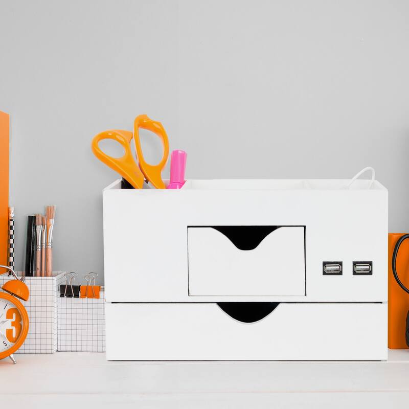 All-in-One USB charging 5 Compartments Desk Organizer - White