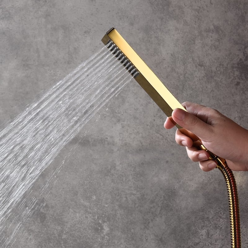 Polished gold ceiling mount 12 inch rain head 2 way shower faucet with handle sprayer - 7'6" x 10'9"
