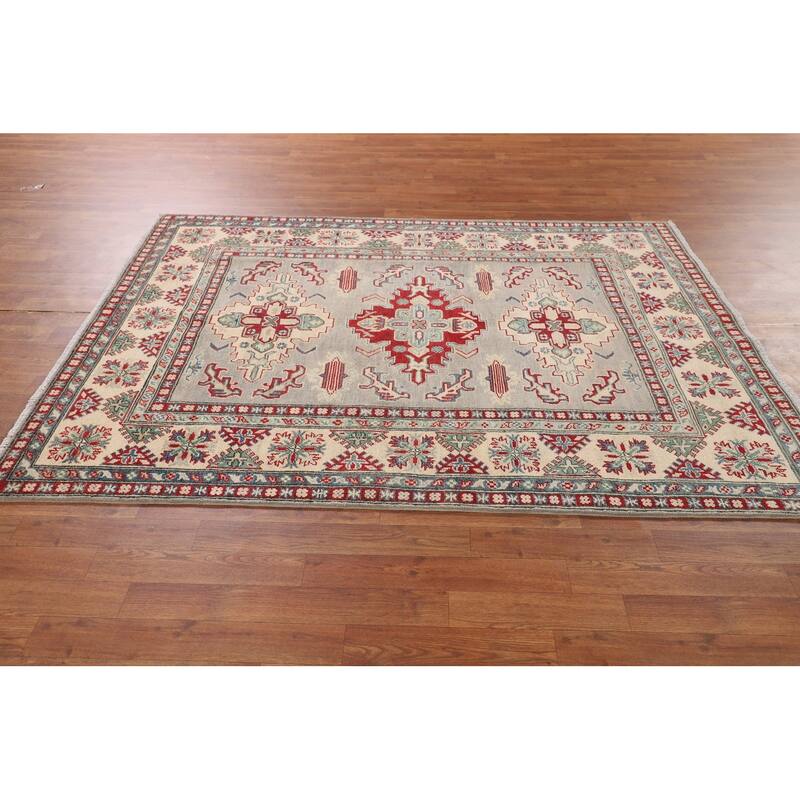 Grey Traditional Kazak Oriental Area Rug Hand-Knotted Wool Carpet - 5'0" x 6'8"