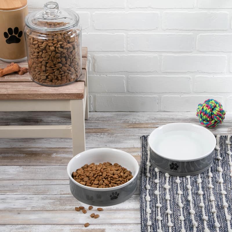 DII Pet Bowl Black Paw Print Gray Small 4.25dx2h (Set of 2)