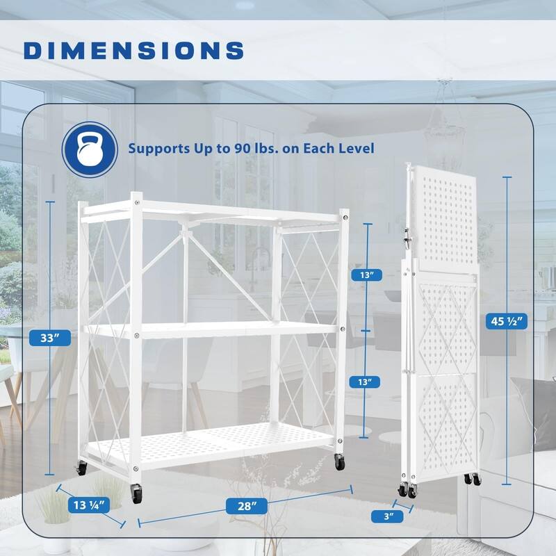 3-Tier Foldable Storage Shelf with Wheels - 13.25"D x 28"W x 33"H