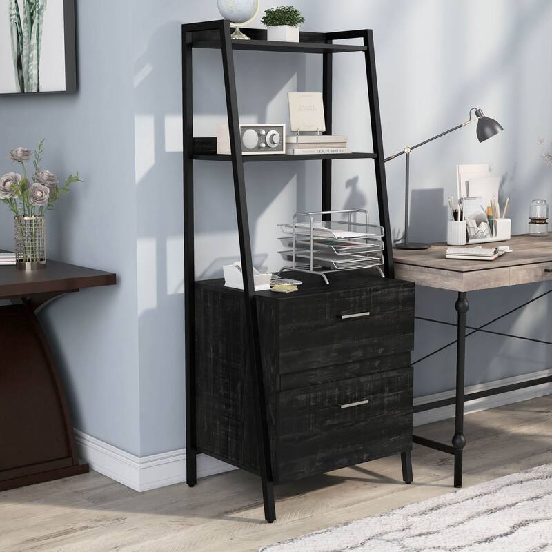 DH BASIC Contemporary Iron 2-Drawer Bookshelf with File Cabinet by Denhour - Reclaimed Black Oak