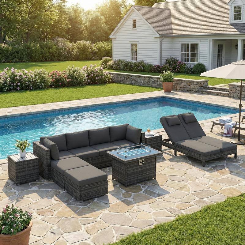 Outdoor Sectional Conversation Set PE Wicker with Double Chaise Lounge, 60,000 BTU Fire Pit Table - 10-Piece/Ottoman & Table - Dark Gray
