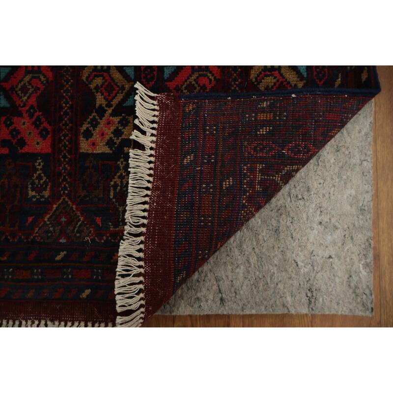 Hand Knotted Oriental 100% Wool Carpet Traditional Geometric Red Balouch Area Rug - 3' 7'' X 1' 10''