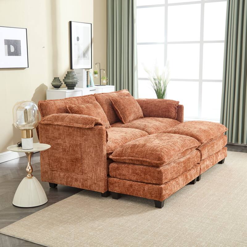 Chenille Fabric Loveseat Sofa Couch with 2 Ottomans and Side Pockets