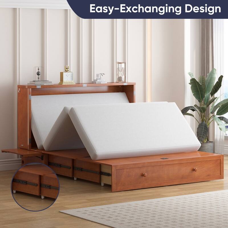 Mixoy Murphy Bed with Mattress,Modern Cube Foldable Cabinet Bed with Charging Station