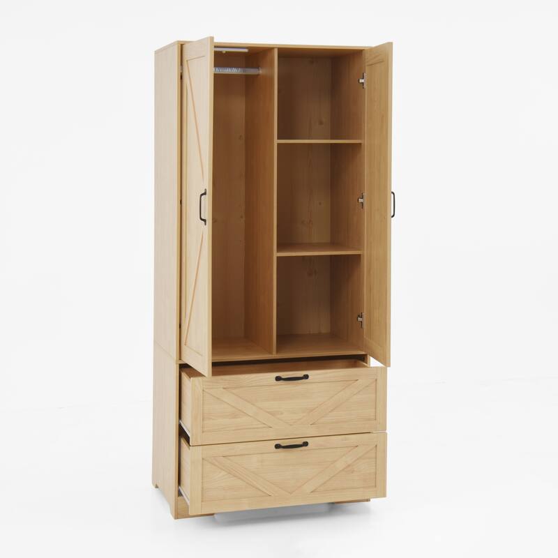 2 Door Wood Wardrobe for Bedroom with Hanging Clothing Rod inside the Cabinet and 2 Drawers for Storage Organization
