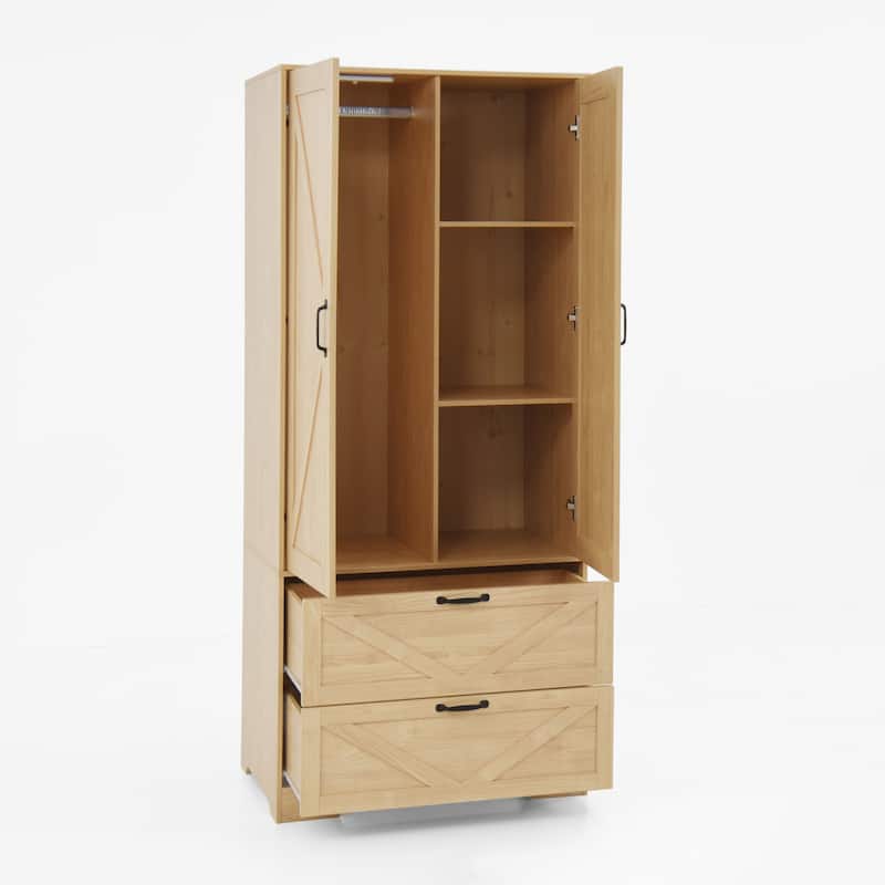 2-Door Wood Wardrobe for Bedroom with Hanging Rod, 2 Drawers, Built-in Induction Light & Mirror