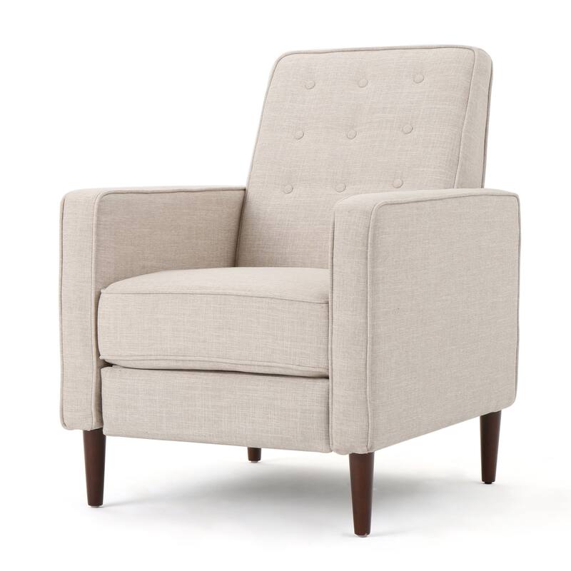 Beige Fabric Mid-Century Upholstered Push Back Recliner with Footrest, Button-tufted Backrest, Beech Wood Legs