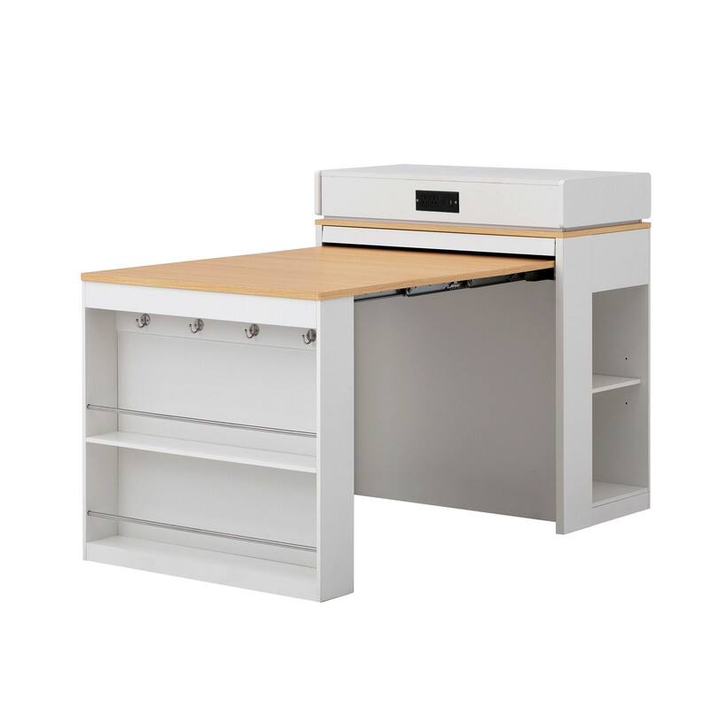 57.7" Kitchen Island with Extendable Top on Wheels, Kitchen Dining Table, Bar Table with Drawers and Power Outlet