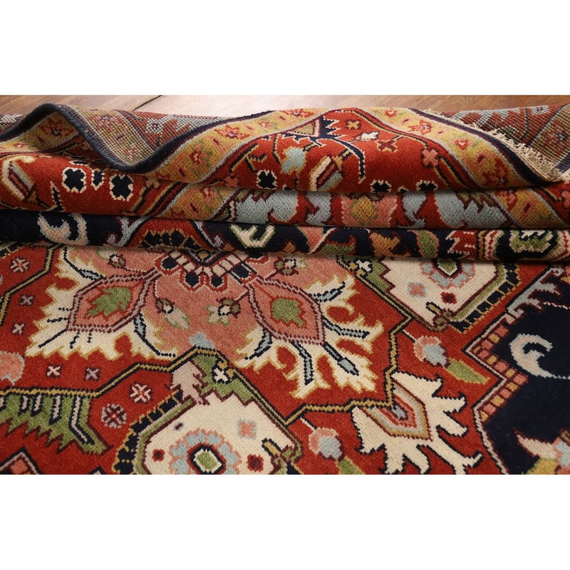 Blues & Orange Heriz Serapi Indian Area Rug Hand-Knotted Wool Carpet - 8'11"x 11'10"