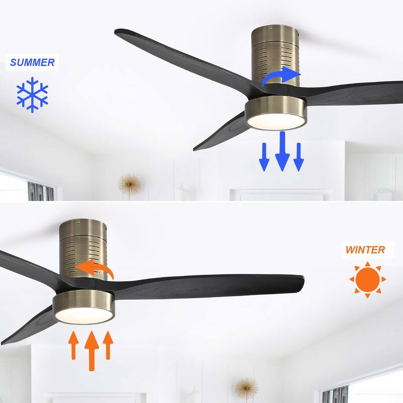 52" Flush Mount Wood Ceiling Fan with Dimmable LED Light and Remote Control