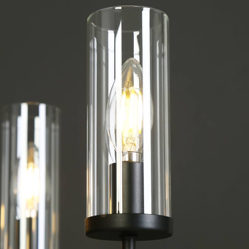 Modern Farmhouse 8-Light Black Wheel Chandelier with Glass Shade for Dining Living Room - D 31.5" x H 24"