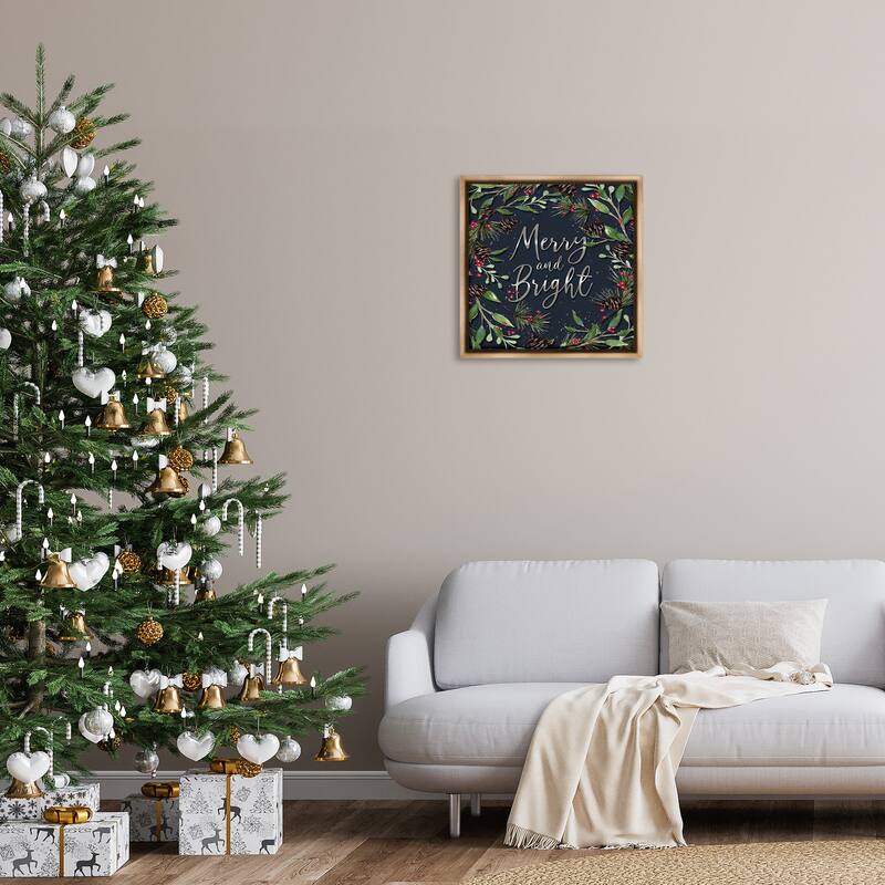 Stupell Merry & Bright with Holly Leaves Framed Floater Canvas Wall Art Design By Elizabeth Tyndall