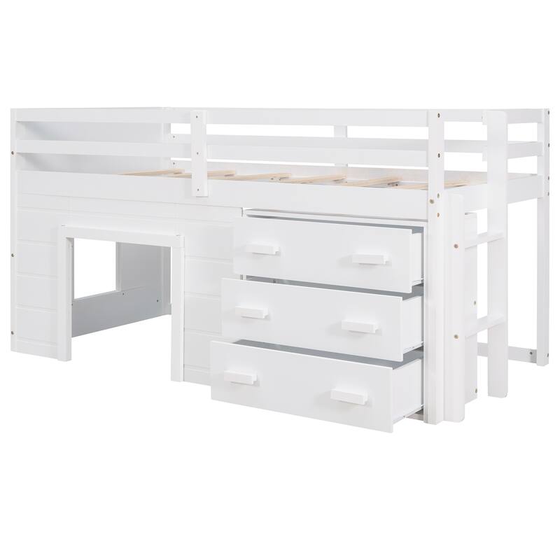 Compact Twin Loft Bed with Cabinet, Shelf, and Storage Drawers in White, Gray, or Espresso