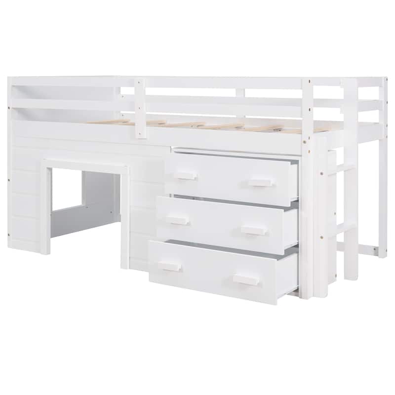 Twin Size Loft Bed with Cabinet and Shelf - White