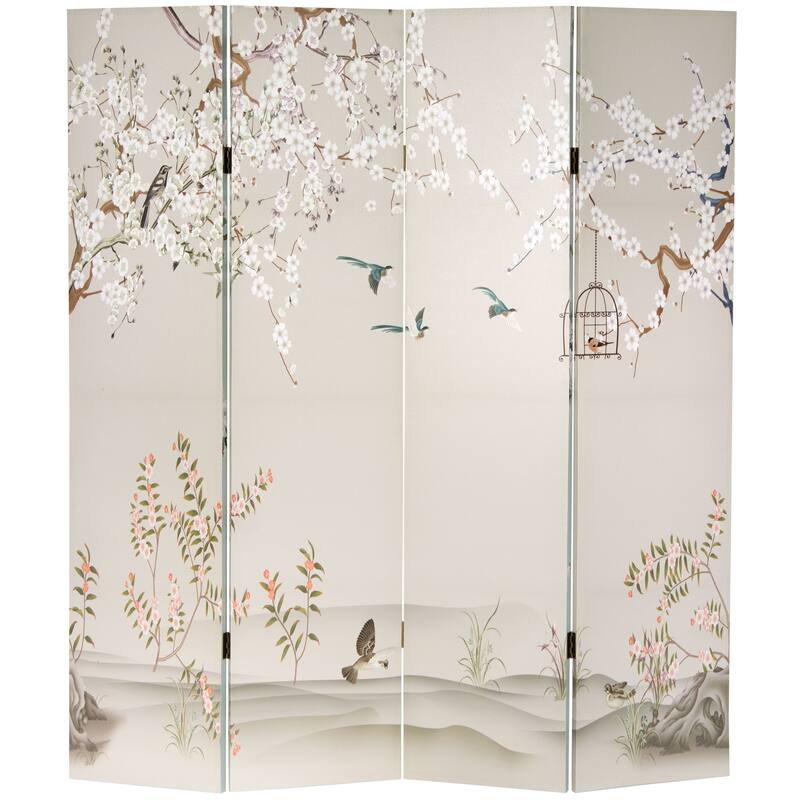 6 ft. Tall Double Sided Birds and Plum Blossoms Canvas Room Divider