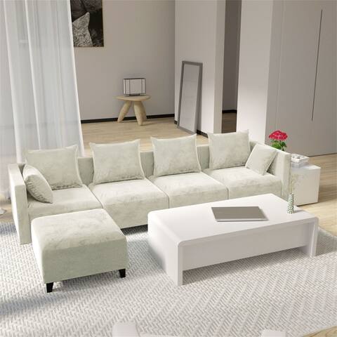 Upholstered L-shape Sectional Sofa in Beige Velvet with Ottoman - 118"Wx59"Dx23"H