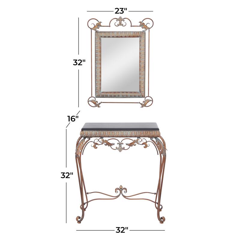 Bronze Metal Leaf Console Table with Mirror with Scrolled Legs (Set of 2) - 23 x 1 x 32