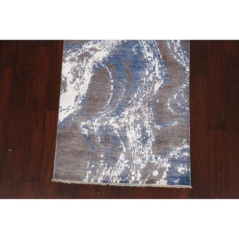 Wool/ Silk Vegetable Dye Modern Abstract Oriental Runner Rug Handmade - 3'0" x 12'3"
